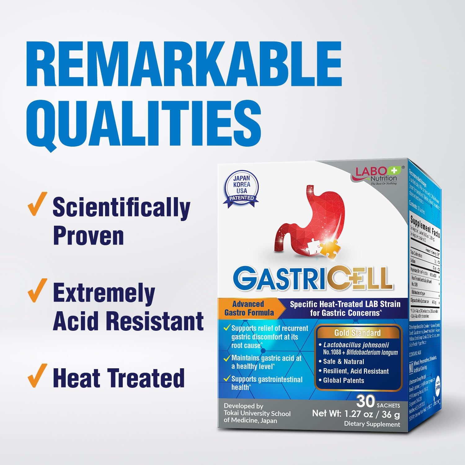 LABO Nutrition GASTRICELL - Acid Reflux, Heartburn, Recurring Gastric Discomfort, Natural Defence Against Gastric Distress 30 sachets