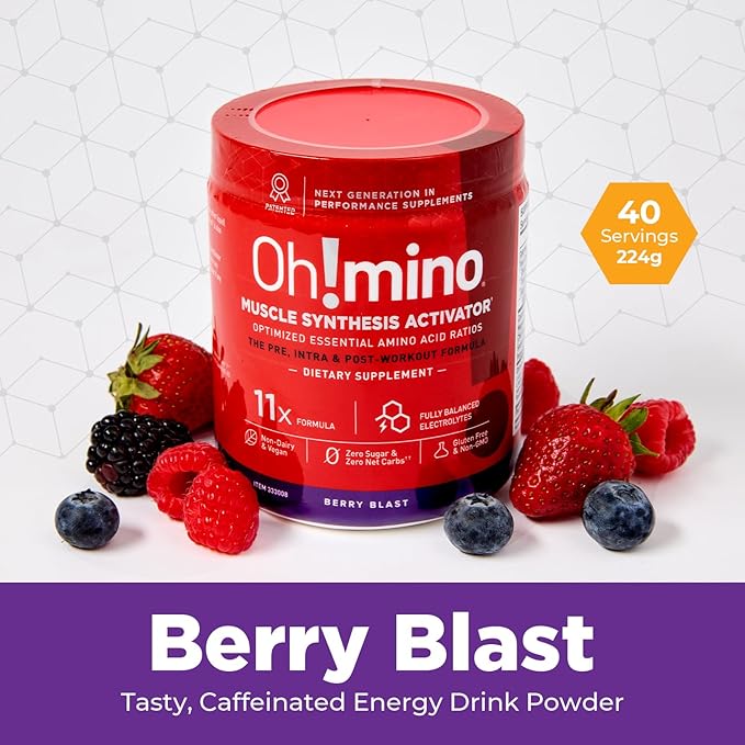 Oh!mino Essential Amino Acids Supplement Drink Powder, Berry Blast, Caffeinated Powder, All 9 EAAs, BCAAs and The Perfect Amino for Workouts, Amino Energy, and to Build Muscle, and Recover Faster