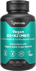 Vegan Vitamin D3 + K2 with Extra Virgin Olive Oil | 5000iu Vitamin D with 120mcg MK7 Vitamin K | Better Support for Bone & Immune Health | Vegan Society Certified 180 Softgels