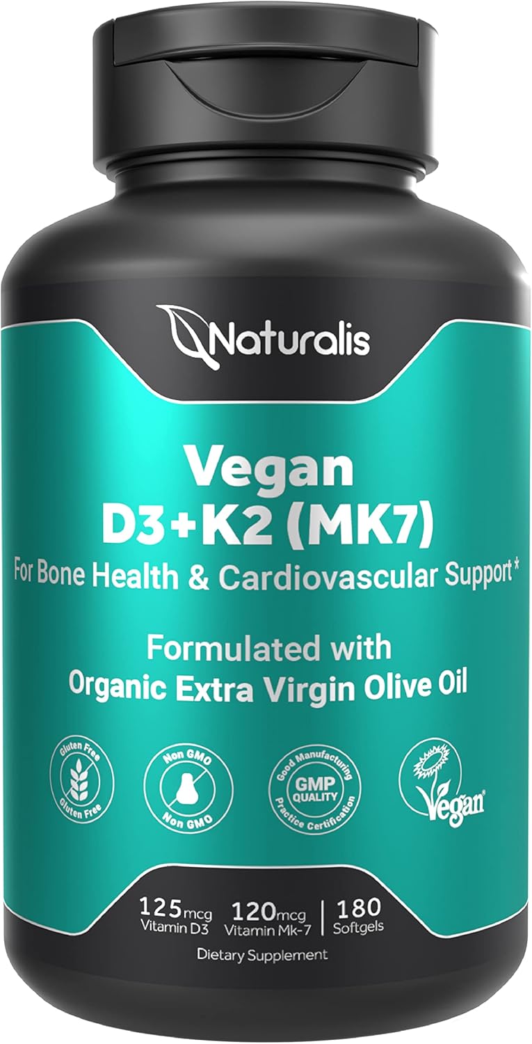 Vegan Vitamin D3 + K2 with Extra Virgin Olive Oil | 5000iu Vitamin D with 120mcg MK7 Vitamin K | Better Support for Bone & Immune Health | Vegan Society Certified 180 Softgels
