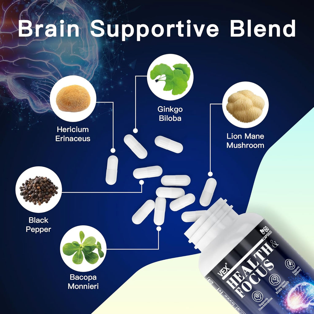 VEX Brain Supplements for Memory and Focus. Contain Vitamin B12, folic Acid, acetylcysteine, Purslane, Lion's Mane Mushroom, and Ginkgo biloba extracts—for Brain Health. 60 Capsules.