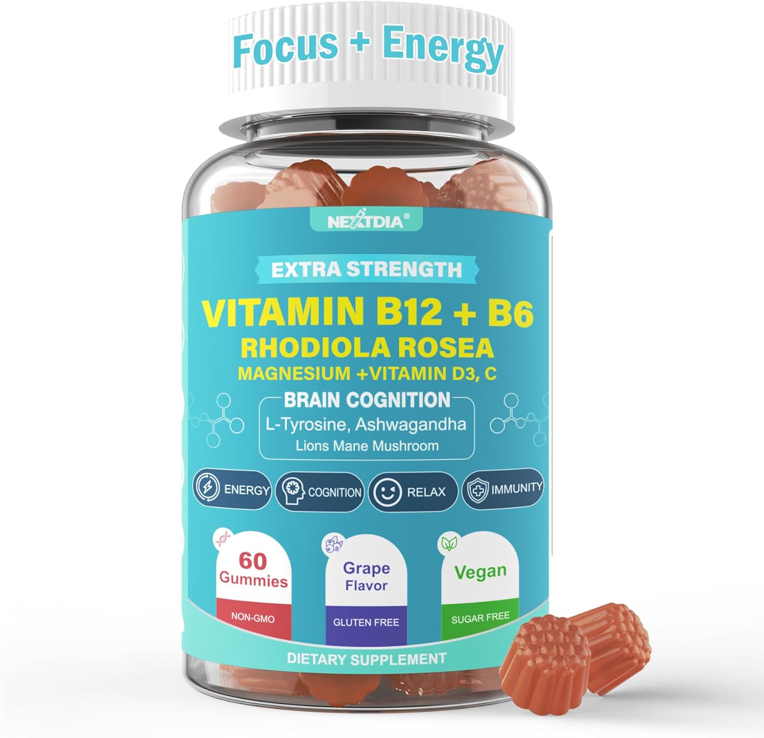 Focus Memory & Energy Gummies, L-Tyrosine + Methyl B12 1000mcg, B6 50mg, D3 C, Lion's Mane Mushroom, for 15+ Students, Office Worker, Multivitamin, Herb Blend for Seniors Brain & Cognition, 1 Pack