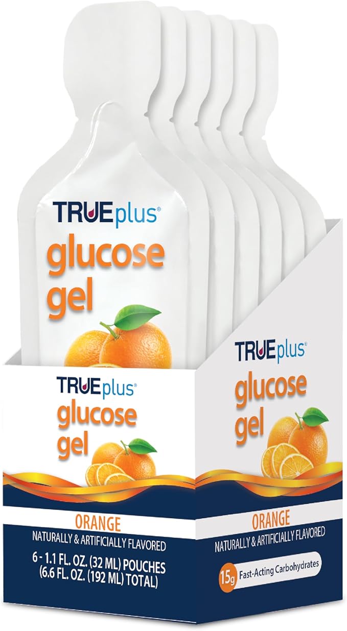 TRUEplus Glucose Gel Pouch, Orange Flavor, 15g Fast-Acting Carbohydrates, Fat Free, Gluten Free, Quick Support for Low Blood Sugar and Energy, 6 Pack