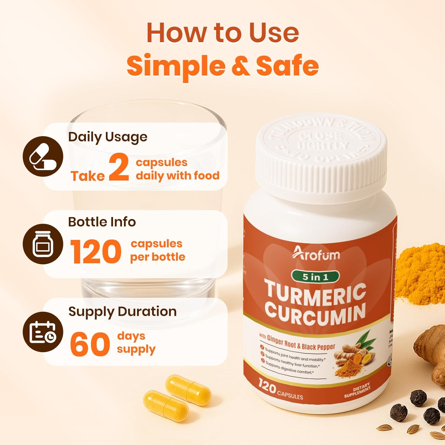 Turmeric Supplement with Ginger Root and BioPerine – 500mg Turmeric Extract – Joint & Digestive Support – 120 Vegan Capsules, Gluten-Free, Sugar-Free