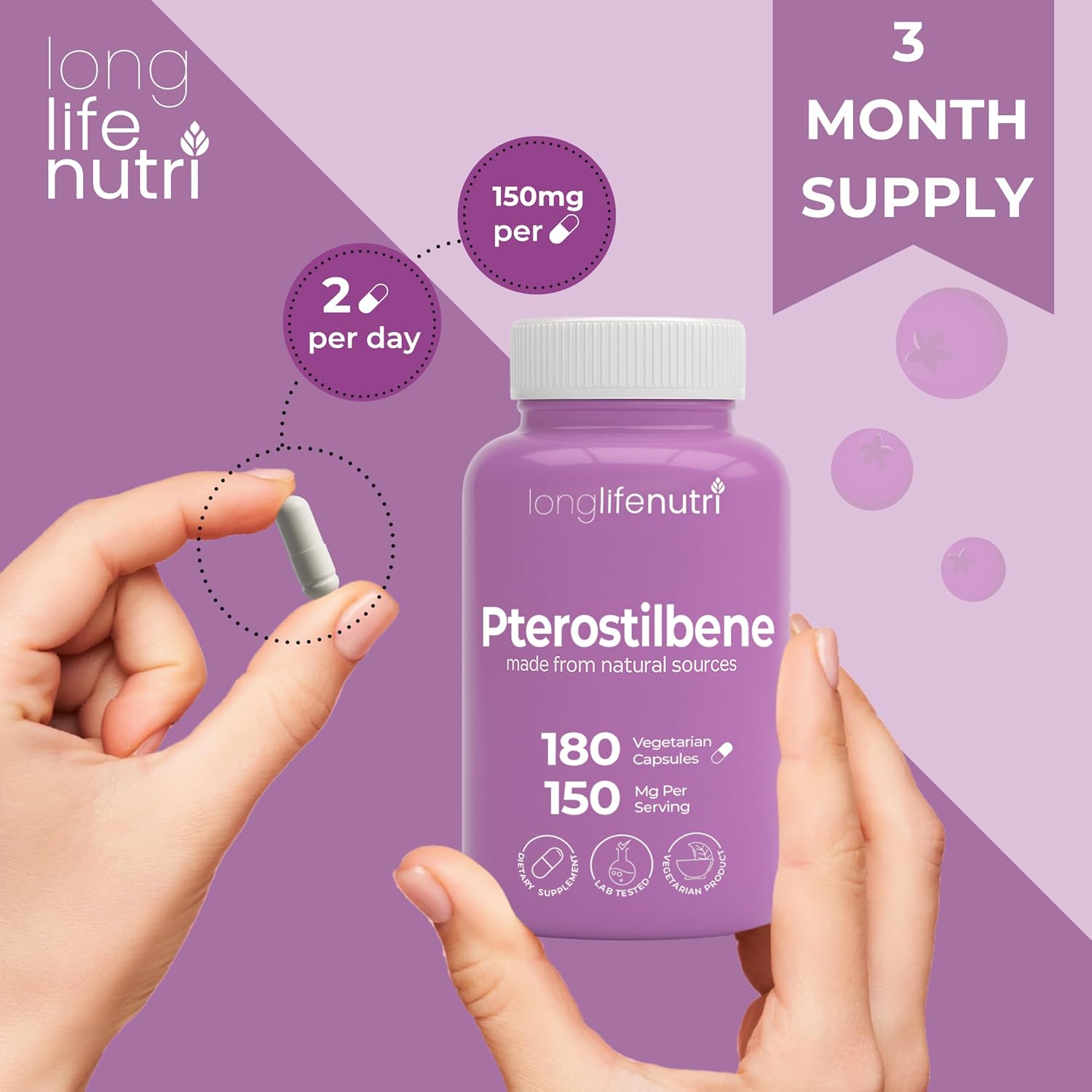 Pterostilbene Supplement 150mg, Elevate Cellular Energy, 180 Vegan Capsules, 3 Month Supply, Pure Organic Pterostilbene Extract, Made in USA, Non GMO, Clean Label, Easy Swallow Antioxidant Support