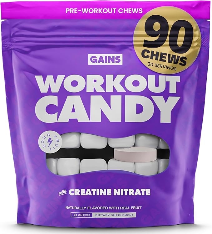 Gains in Bulk Workout Candy, Pre Workout Chews with Creatine and Caffeine for Energy, Focus, Muscle and Pump, Nitric Oxide Support, Supplements for Men and Women, Sour Fruit, 90 Vegetarian Chews