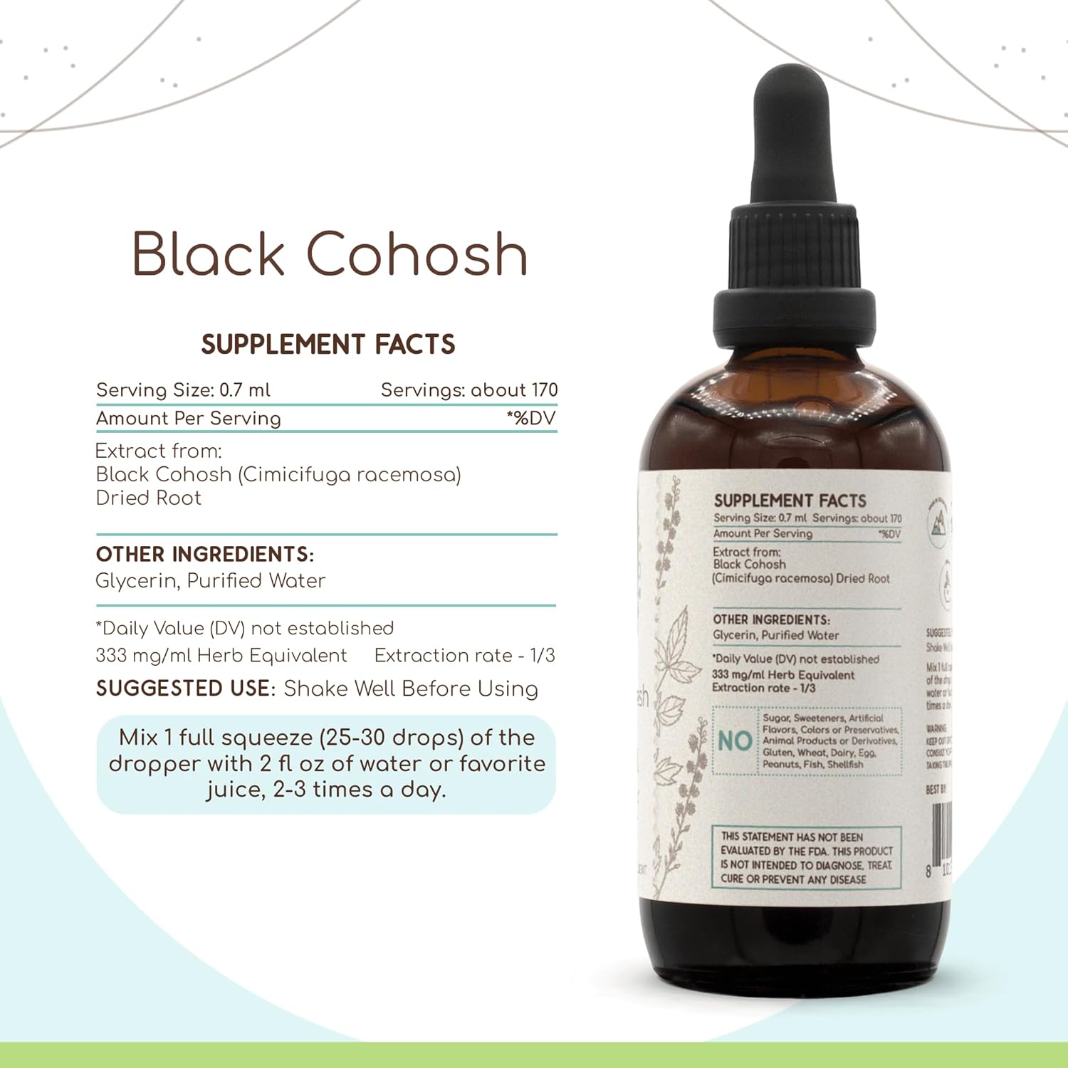 Black Cohosh B120 Alcohol-Free Herbal Extract Tincture, Responsibly farmed Black Cohosh (Cimicifuga racemosa) (4 fl oz)