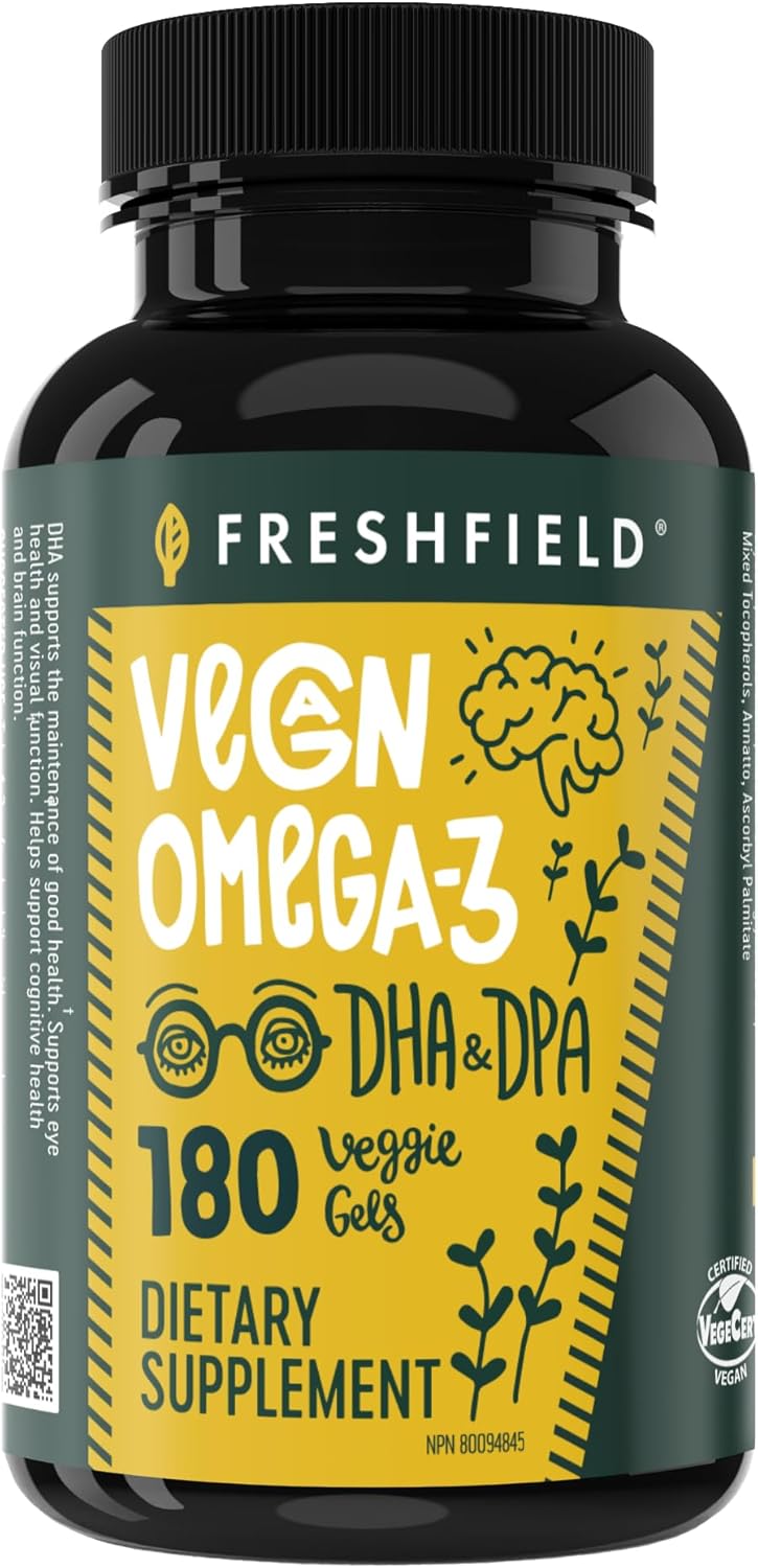 Freshfield Vegan Omega 3 DHA: Algae Oil, Most Reviewed, Carrageenan Free, Sustainably Sourced, Tested, No Heavy Metals, Fish Oil Alt, Plant Based Omega. Supports Heart, Brain, Joint Health w/DPA