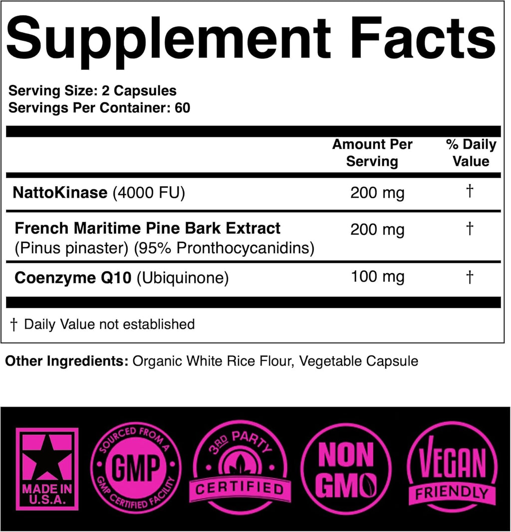 Nattokinase Supplement 4000 FU CoQ10 100mg French Maritime Pine Bark Extract 200mg with Enzymes for Circulatory & Cardiovascular Support (Pack of 1 at 120-Caps)