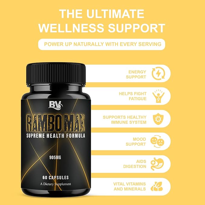 BLUE VIBE Rambo Max Premium Performance and Advanced Health Management Supplement Pills, RamboMax Maximum Strength Daily Health Support and Overall Wellness Supplement (5 Pack - 300 Capsules)