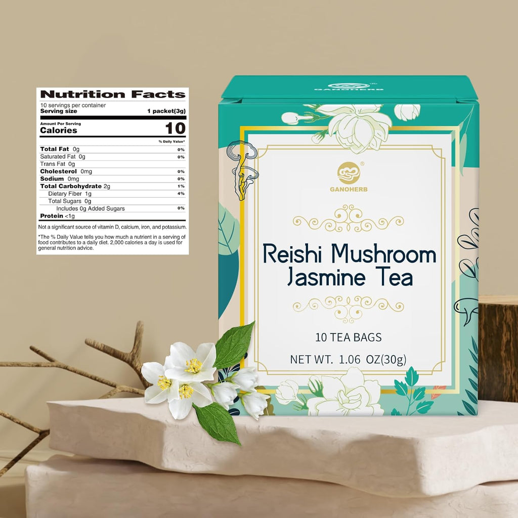 GANOHERB Reishi Mushroom Jasmine Tea, Adaptogen Ganoderma Lucidum Herbal Tea for Immune Health Boost, Stress Relief, Caffeine-Free, No Sugar, 1.06 OZ