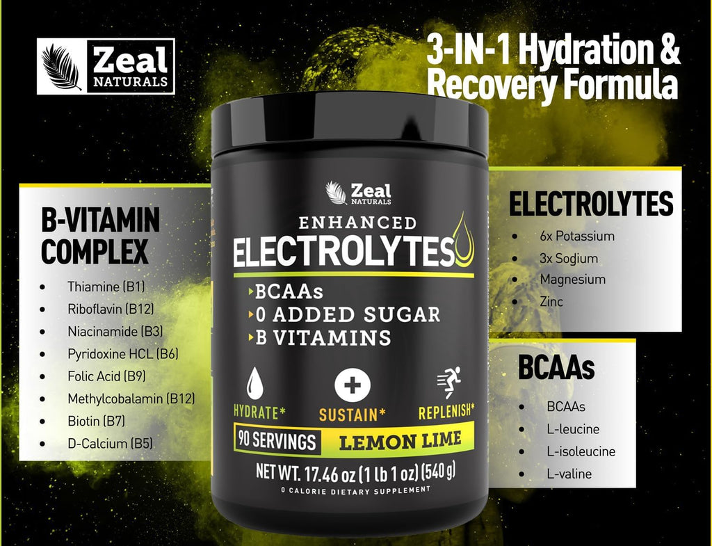 Enhanced Electrolyte Powder (Lemon Lime | 90ct.) w/ 0 Sugar +BCAAs +B-Vitamins Electrolyte Supplement w Potassium Zinc & Magnesium for Hydration - Keto Electrolytes