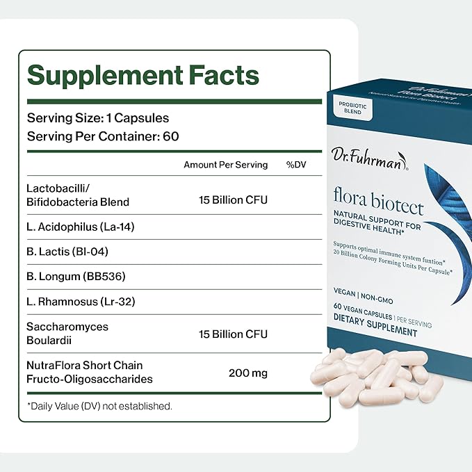 Dr. Fuhrman Prebiotic and Probiotic for Women & Men | Flora Biotect Natural Support for Digestive Health & Gut Biome | Provides Bloating Relief & Bowel Regularity | 20 Billion Live Strains | 60 Caps