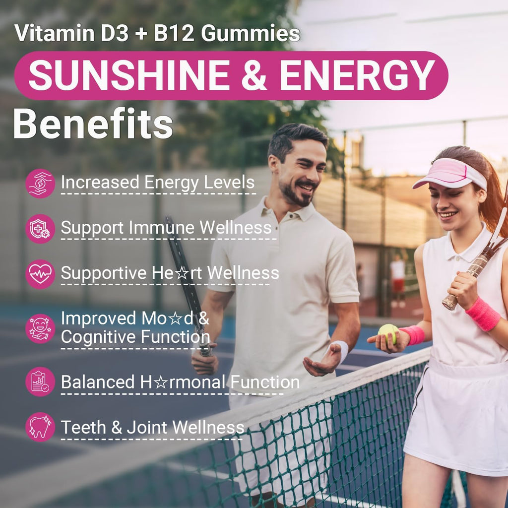 Vitamin D3 B12 Gummies, Vitamin D3 10000 IU & Methylated B12 500mcg for Adults, D3 B12 Vitamin Supplement with Ashwagandha, Magnesium, Vitamin K2 for Immune & Energy Support