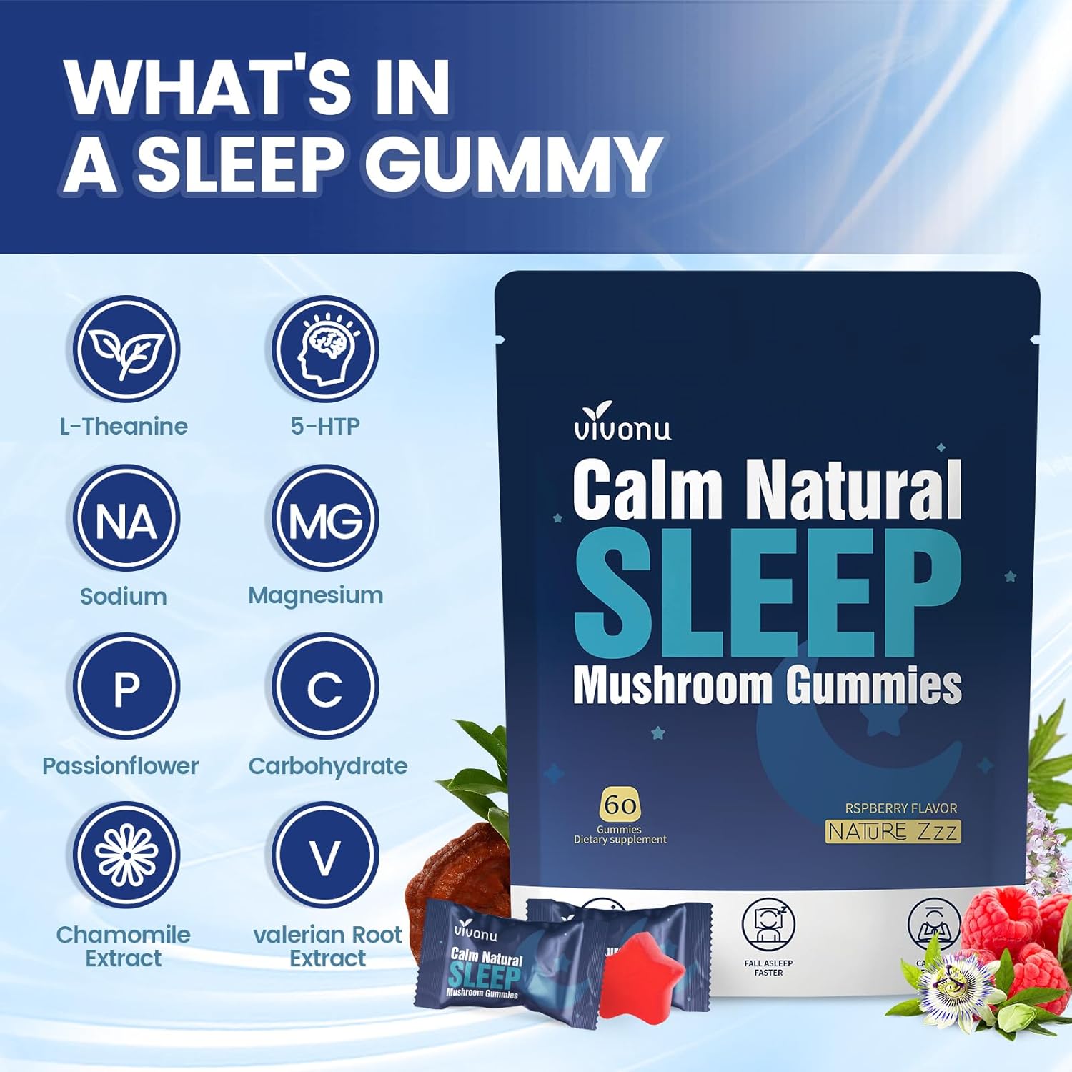 Sleep Gummies for Adults with L-Theanine, Magnesium, Reishi Mushroom,Valerian Root, Passionflower | Non-Habit Forming Sleep Aid | Non-GMO Sleep Gummies Melatonin Free | Raspberry Flavor (180pcs)