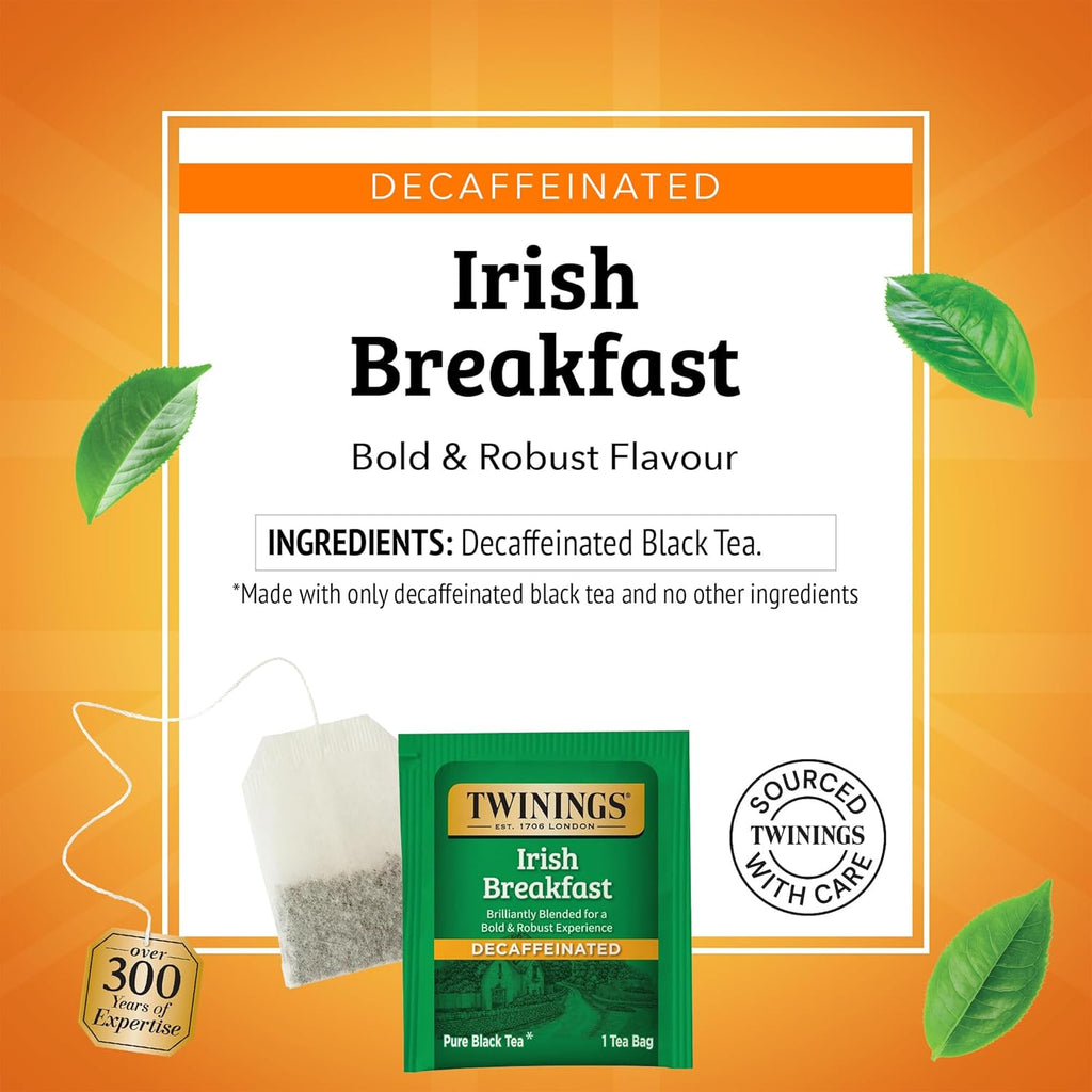Twinings Decaffeinated Irish Breakfast Black Tea Individually Wrapped Bags, 20 Count (Pack of 6), Flavourful, Robust, Enjoy Hot or Iced, 120 Teabags