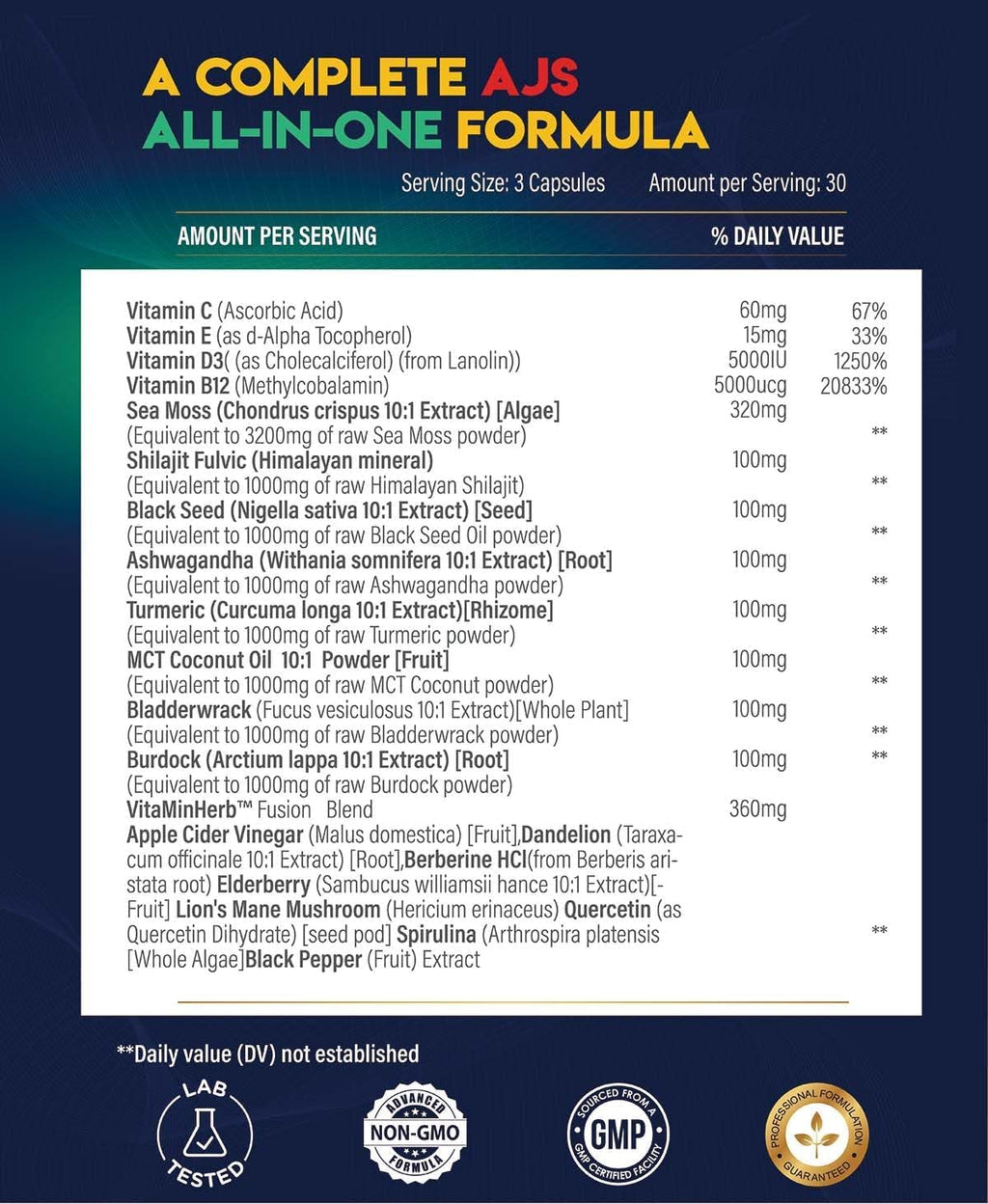 AJS Sea Moss Capsules 3200mg, Himalayan Shilajit 1000mg with Black Seed Oil, Ashwagandha, Turmeric, Bladderwrack, Burdock, Vitamins, Berberine, Lion’s Mane Mushroom, Elderberry- 90 Caps