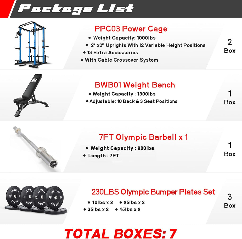RitFit Multi-Function Squat Rack Power Cage PPC03 with Cable Crossover System, 1000LBS Capacity Power Rack and Packages with Optional Weight Bench, Barbell Weight Set, for Garage Workout & Home Gym