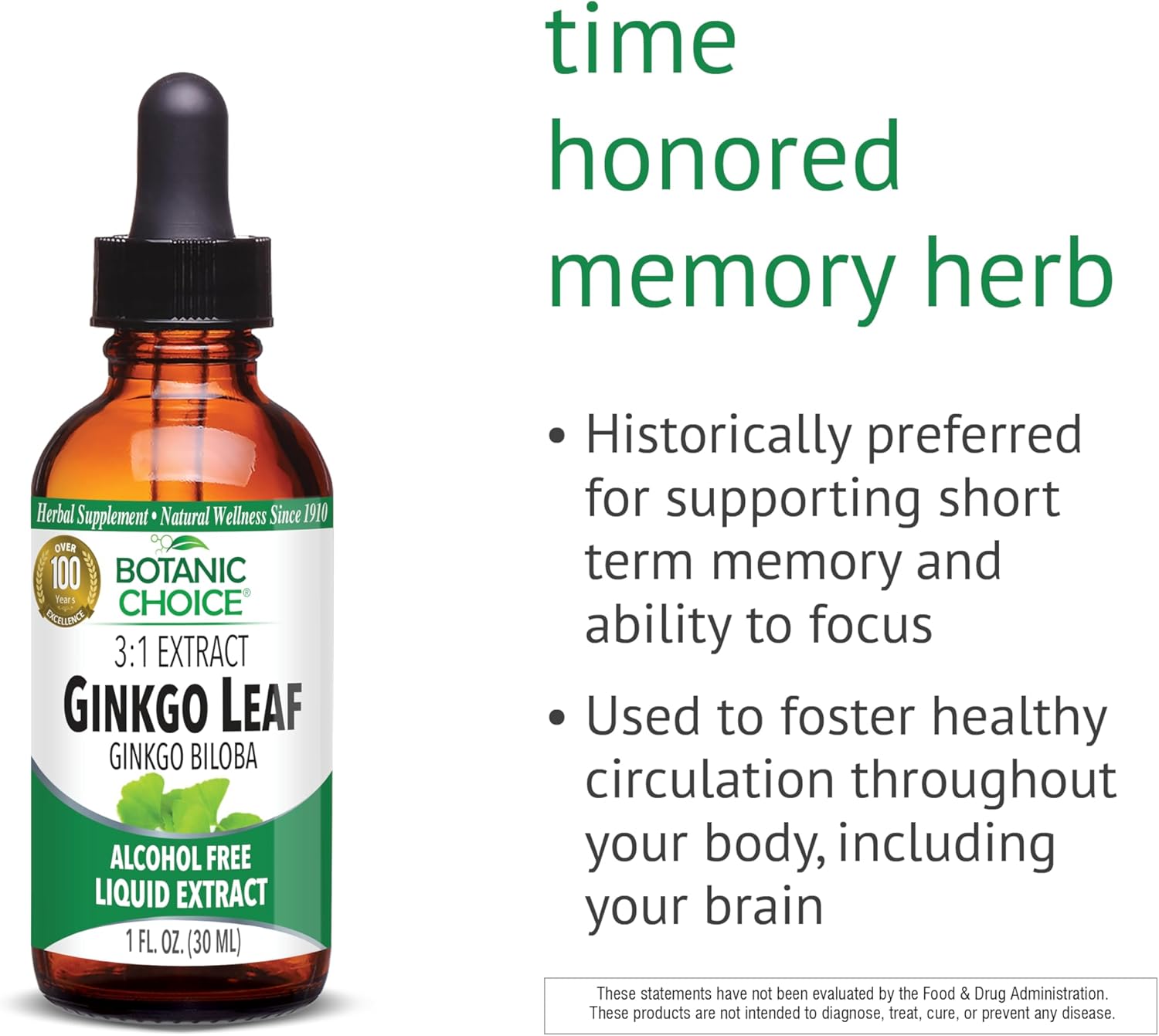 Botanic Choice Ginkgo Biloba Leaf Liquid Extract – Alcohol Free, Gluten Free, Fast Acting Supplement Drops – Easy to Use Dropper 1 Fluid Ounce