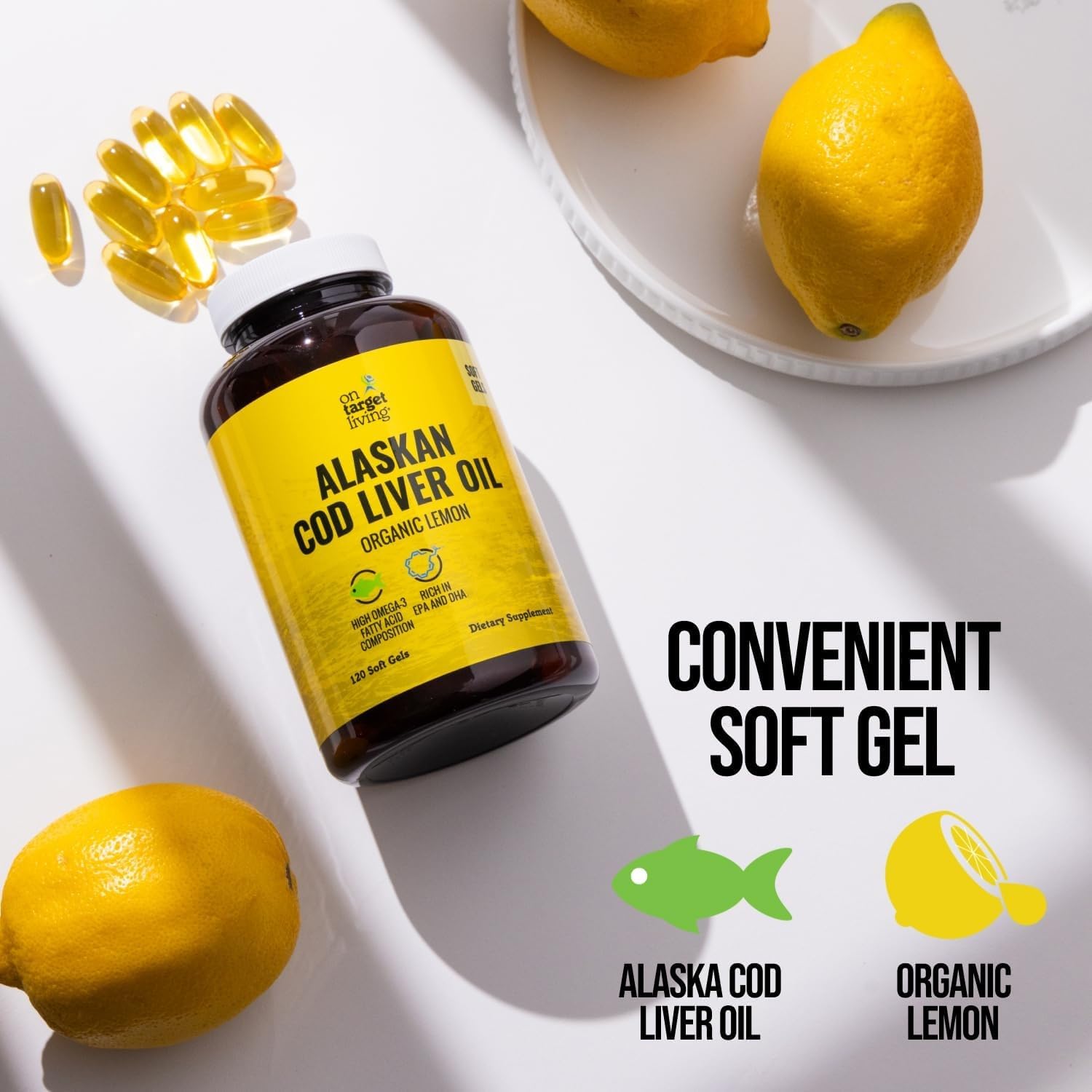 On Target Living Alaskan Cod Liver Oil 120 Soft Gels | Line Caught in The USA | Naturally Occurring Vitamin D | Rich in Omega 3 DHA/EPA