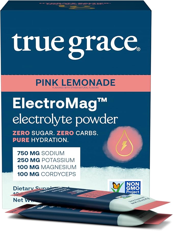 True Grace ElectroMag - 16 Stick Packs - Pink Lemonade - Electrolyte Powder for Rapid Hydration - Sodium, Potassium, Magnesium & Cordyceps - Zero Sugar & Carbs - Non-GMO - 16 Total Servings