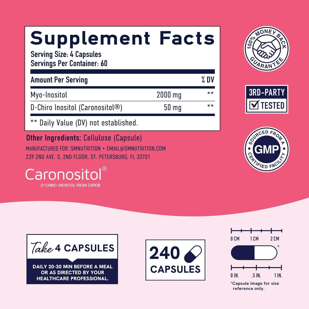 Myo-Inositol & D-Chiro Inositol for Hormone Balance for Women | Ideal 40:1 Ratio | Menstrual Cycle and Ovarian Health Support Supplement | Myo 2000mg & D Chiro 50mg with Vitamin B8 | 240 Count