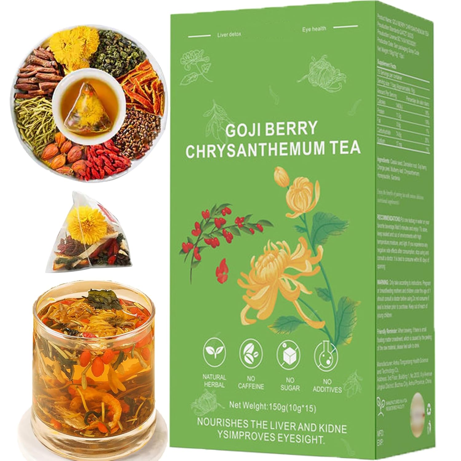 Liver Detox Herbal Tea, Goji Berry Chrysanthemum Tea, Liver & Kidney Cleanse Dandelion Wolfberry Tea, Chinese Chrysanthemunn Cassia Seed Tea Bags with Eight Herbal Ingredients(1Box/15 Bags)
