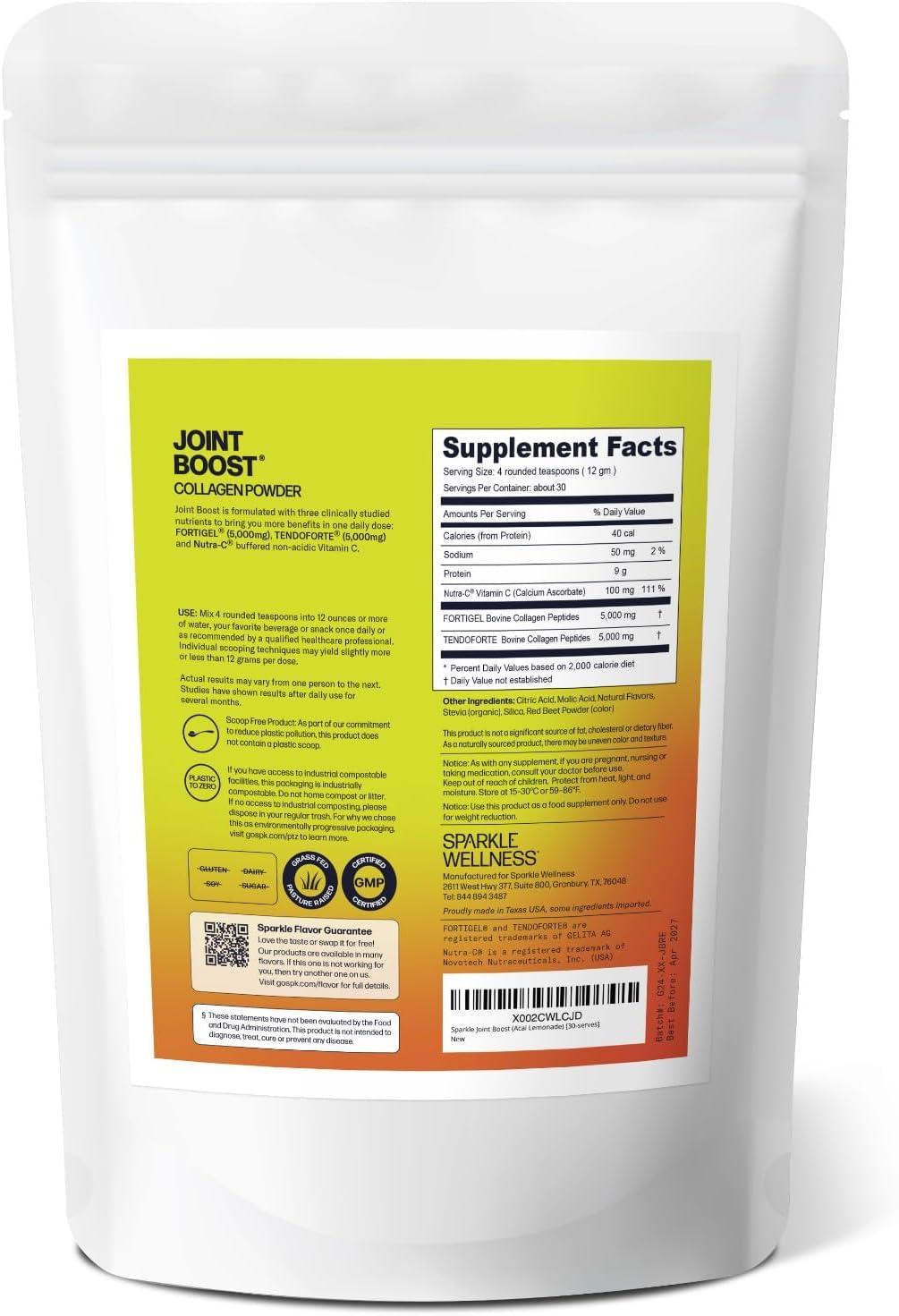 Sparkle Wellness Joint Boost (Acai Lemonade) [30-Serves] | Collagen Powder Supplement with FORTIGEL & TENDOFORTE Collagen Peptides & Calcium Ascorbate Vitamin C | Supports Joint Mobility