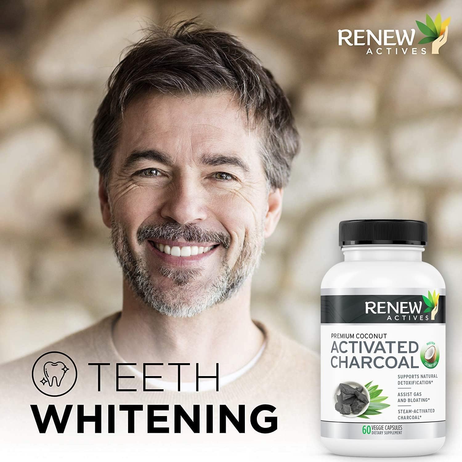 Renew Actives Activated Charcoal Supplement 1100MG per 2 Capsules - Digestive Support & Teeth Whitening Formula, No Artificial Ingredients - Made in Canada - 60 Capsules