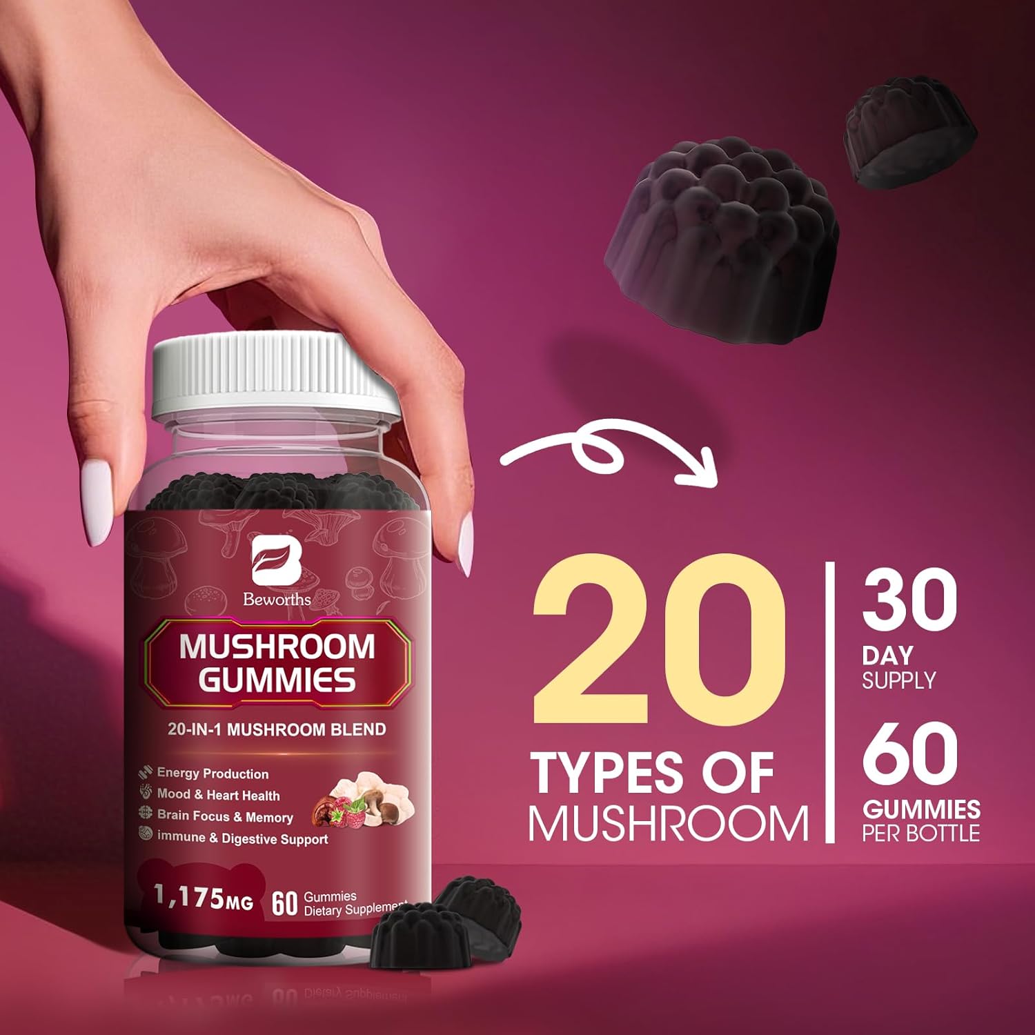 Mushroom Gummies, 20 in 1 Lions Mane Mushroom Complex Supplement with Reishi, Chaga, Cordyceps & More for Adult, Support for Brain, Focus, Cognitive & Immune Health, Vegan, Raspberry Flavor, 60 Count