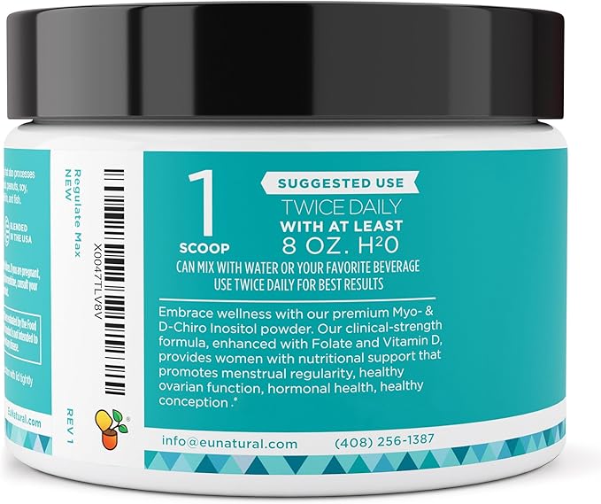 Regulate MAX Myo-Inositol & D-Chiro Inositol Supplement Powder for Women with Vitamin D & Folate PCOS Nutritional Support, Hormone Balance & Fertility Support, Unflavored 60 Servings