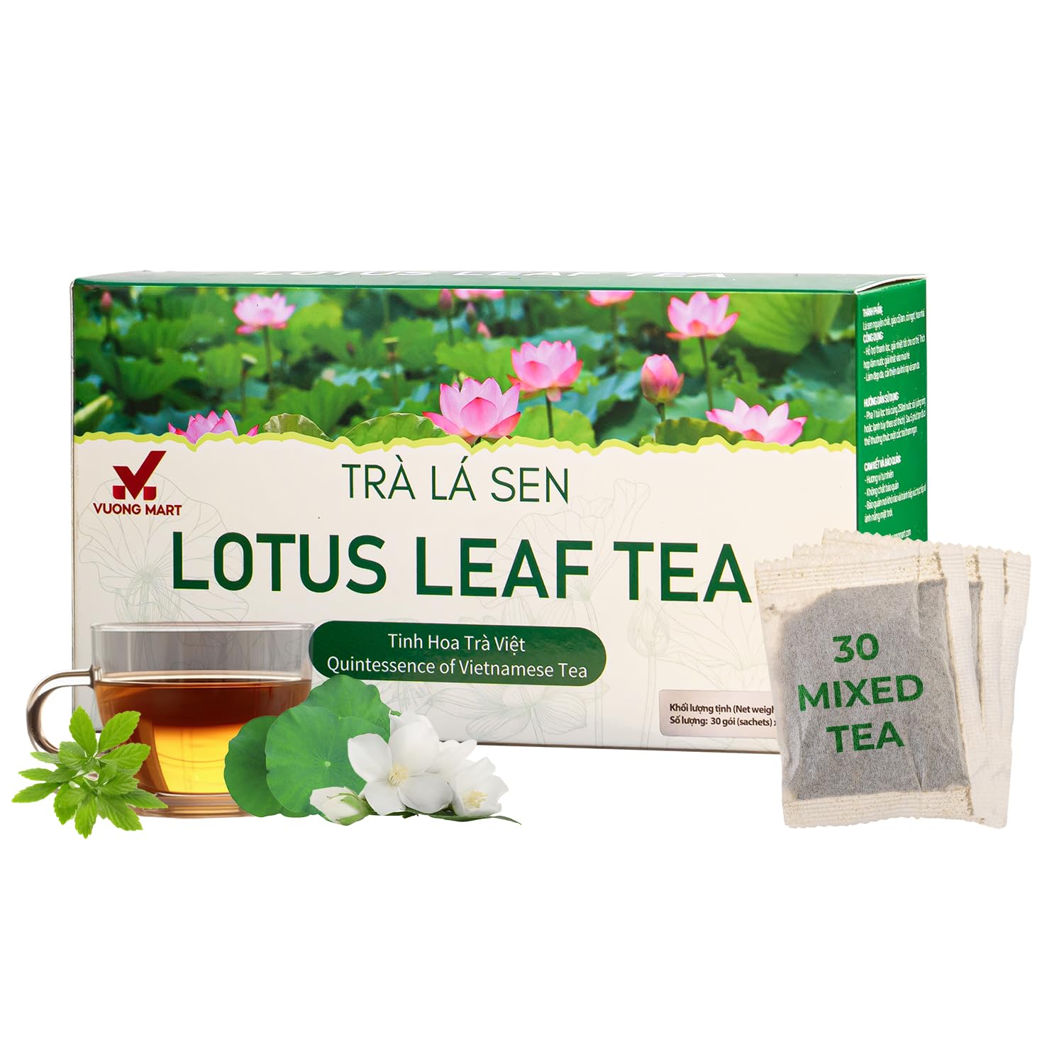 VUONGMART Dried Lotus Leaf Tea, 100% Hand Pick, Stevia, Jiaogulan, Jasmine, Organic Herbal Tea, 30 Tea Bags, Gluten Free, Dairy Free, Sugar Free & Natural, Energy Boost & Health Support