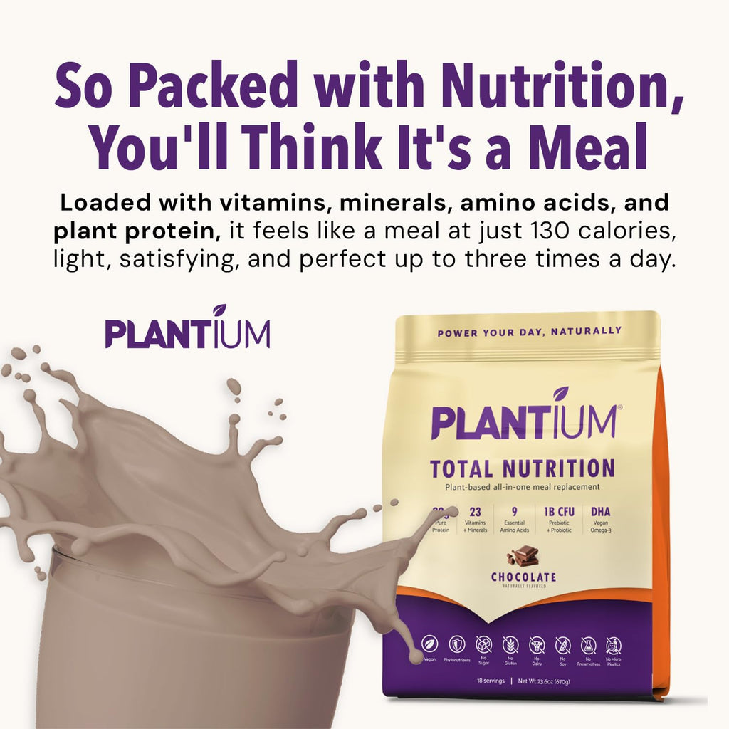 Plantium Total Nutrition, Premium All-In-One Meal Replacement Shake, Plant-Based Protein Powder with Vitamins, Minerals & Probiotics, 22g Protein per Serving, Chocolate