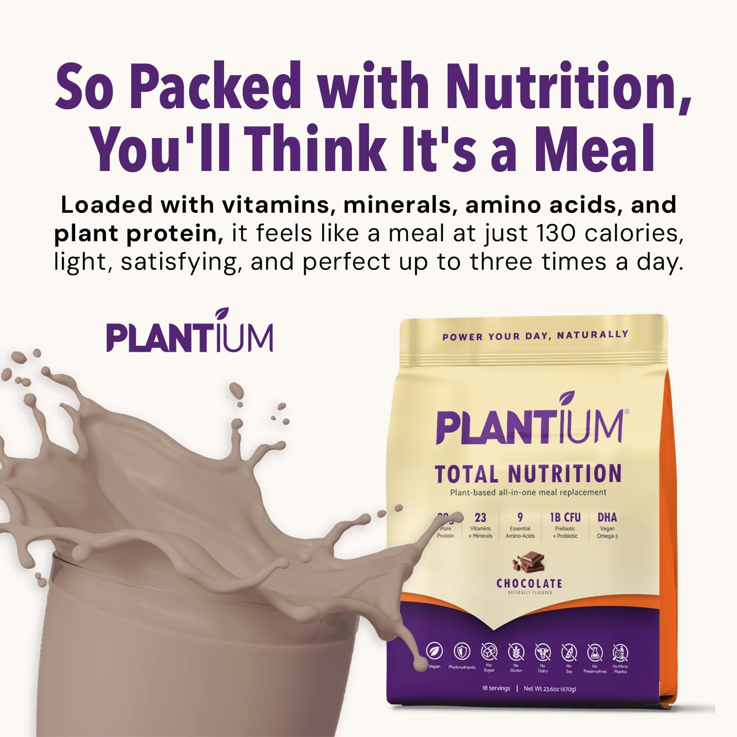 Plantium Total Nutrition, Premium All-In-One Meal Replacement Shake, Plant-Based Protein Powder with Vitamins, Minerals & Probiotics, 22g Protein per Serving, Chocolate