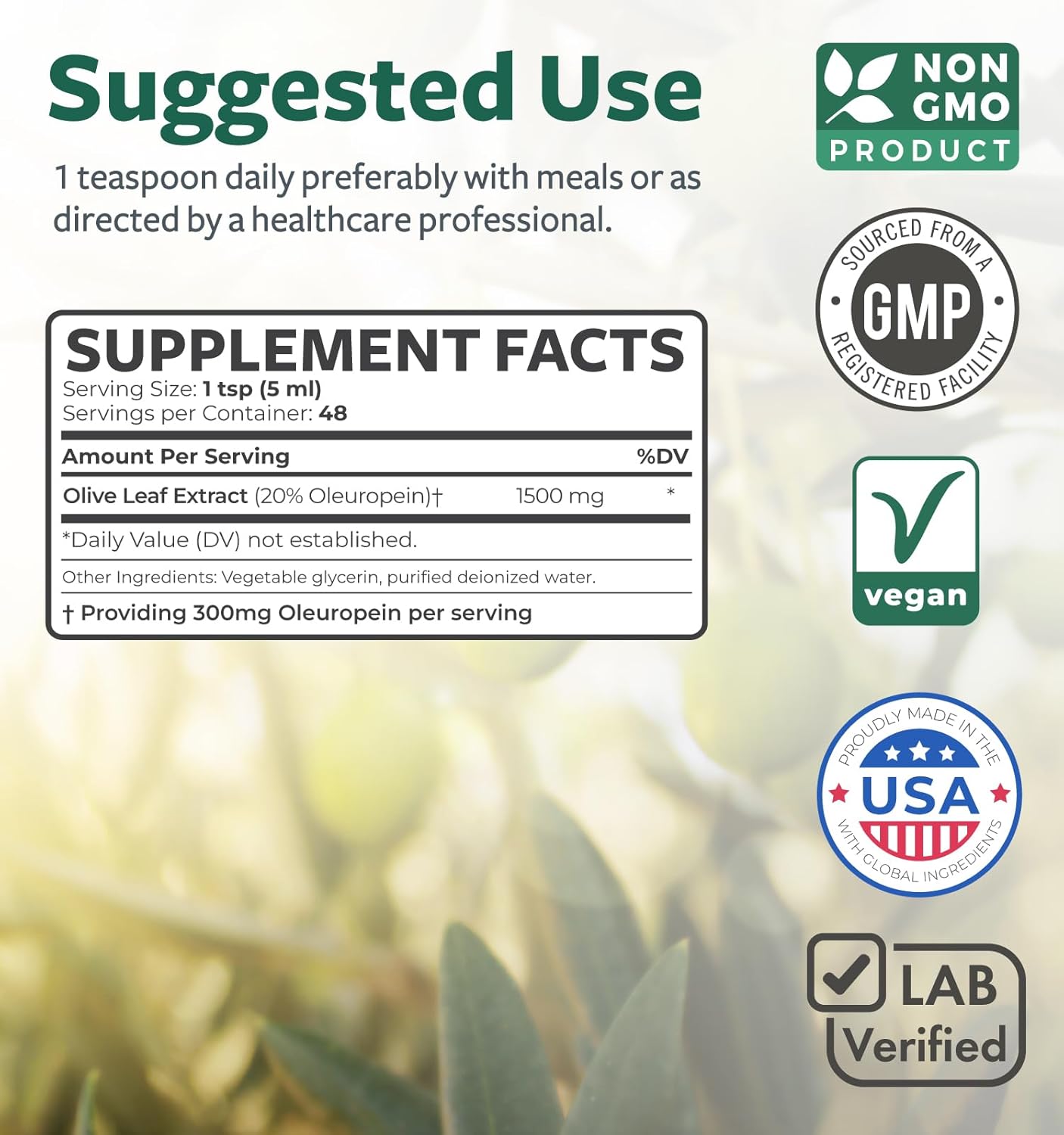 Olive Leaf Extract (Non-GMO) Super Strength: 20% Oleuropein - 1500mg - Vegetarian - Immune Support Supplement, Skin Health, and Powerful Antioxidants Supplement - Liquid Extract - 8 Fl Oz