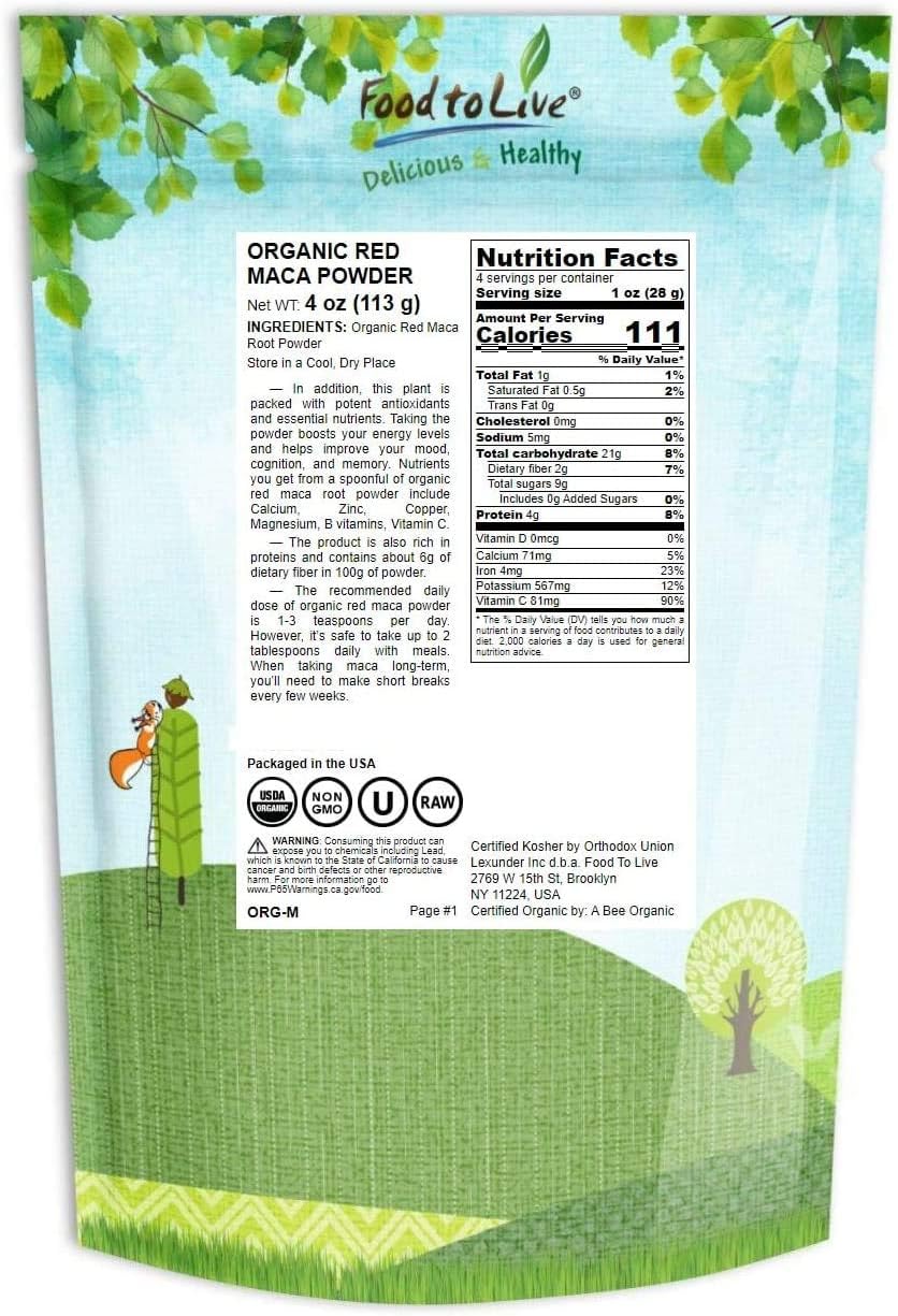 Food to Live Organic Red Maca Powder, 4 Ounces Raw Ground, Non-GMO, Kosher, Vegan, Fine Flour, Bulk