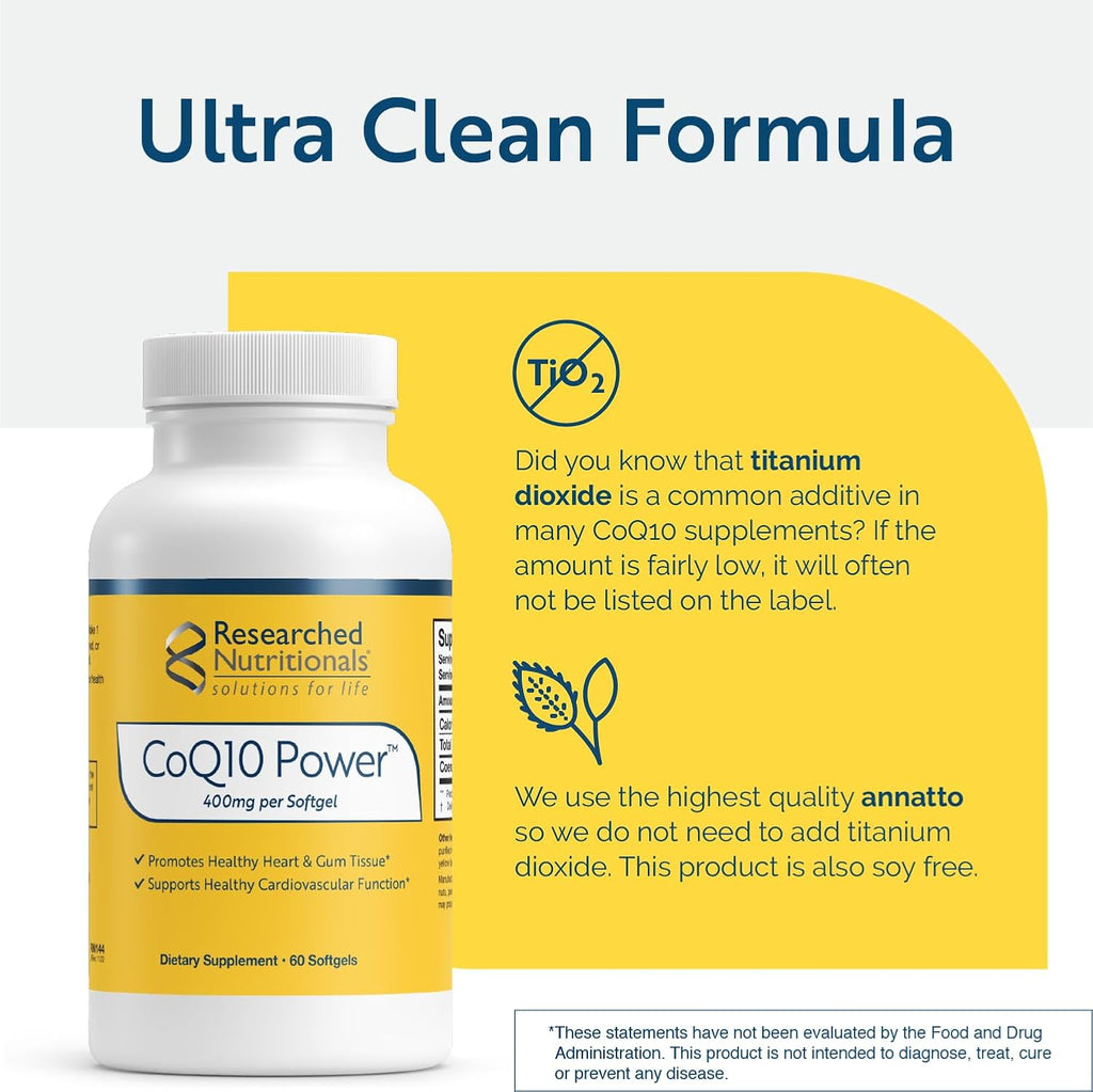 Researched Nutritionals CoQ10 400mg Softgels - CoQ10 Power - Therapeutic-Strength Coenzyme Q10 Supplement - Support Natural Energy & Immune Function, Promote Healthy Heart & Gum Tissue (60 Softgels)