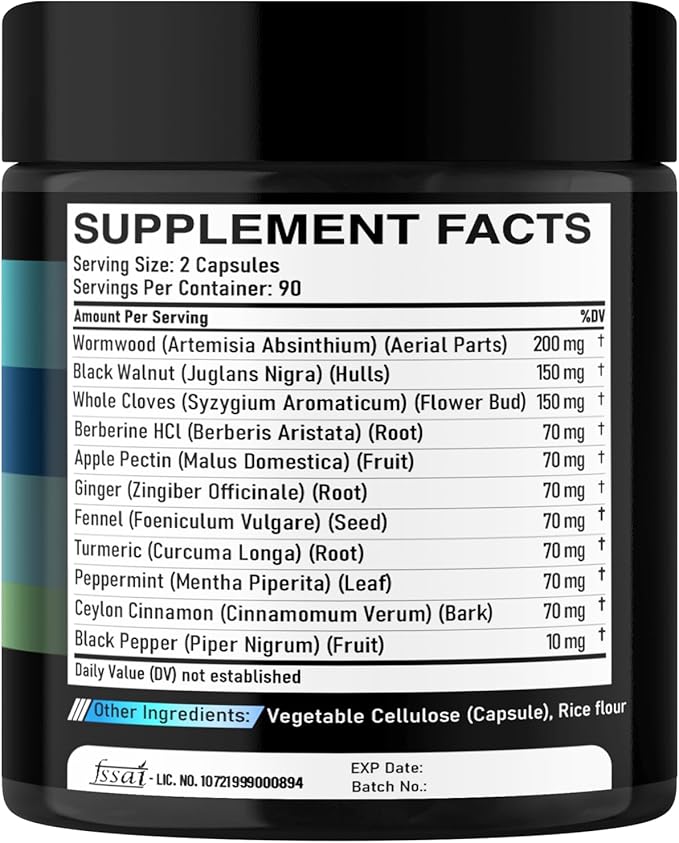 11in1 Wormwood Capsules - 180 Capsules Extracted from Black Walnut, Cloves, Ginger, Turmeric, Apple, Berberine HCl & More - Support Immune System for 3 Months