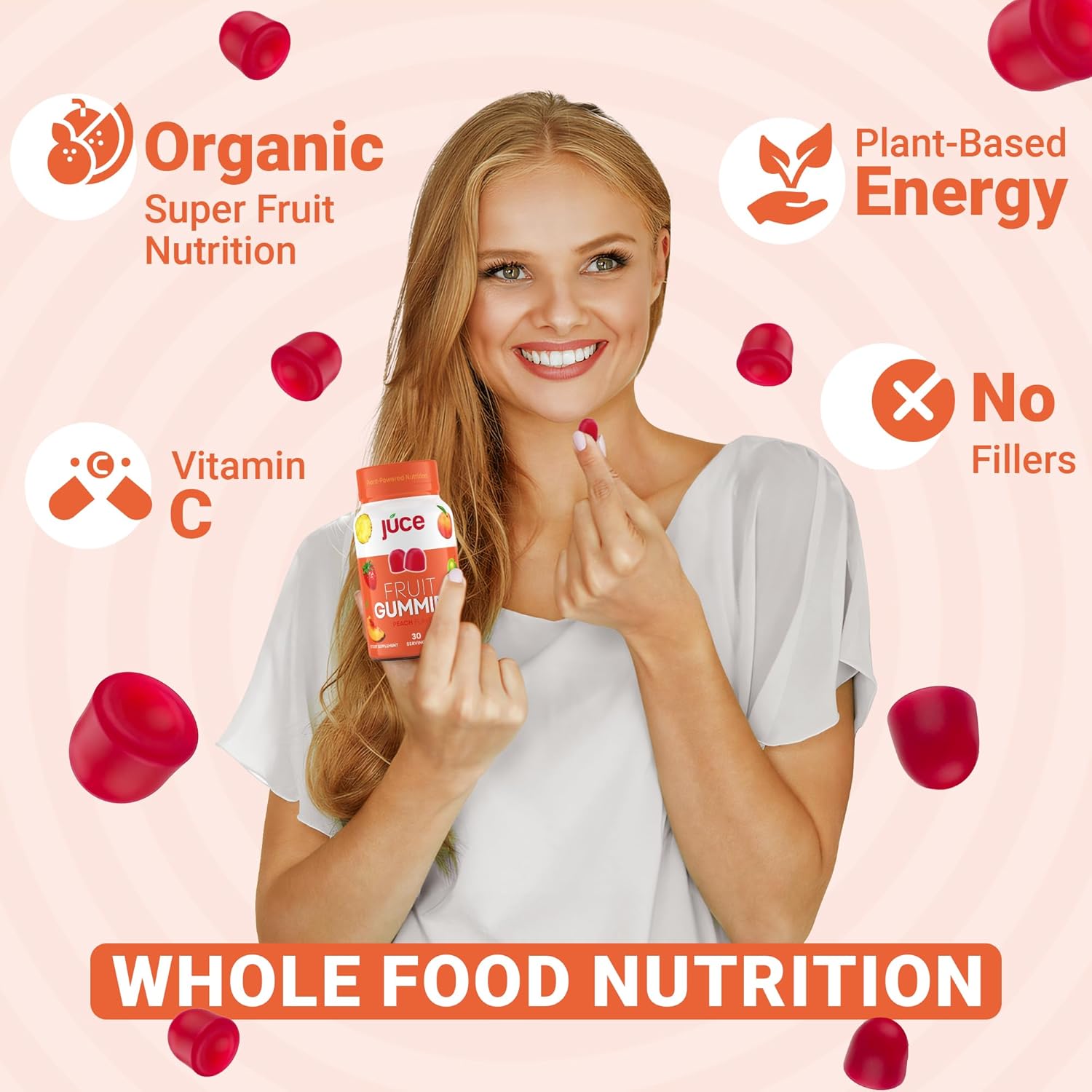Juce Fruit Gummies with Peach Flavor - Superfood Gummies Delights for Optimal Health By Terra Kai Organics