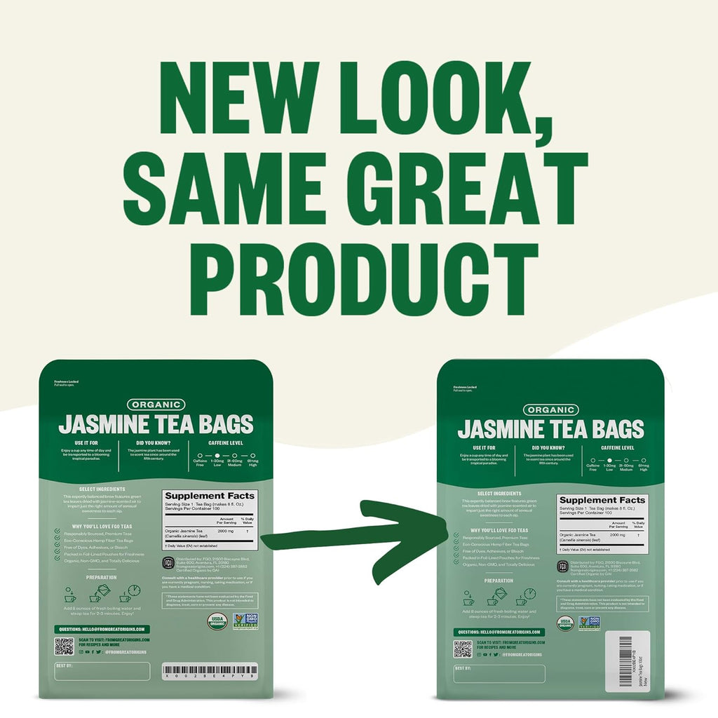 FGO Organic Jasmine Green Tea, 100 Count, Eco-Conscious Tea Bags, Resealable Bag, Packaging May Vary (Pack of 1)