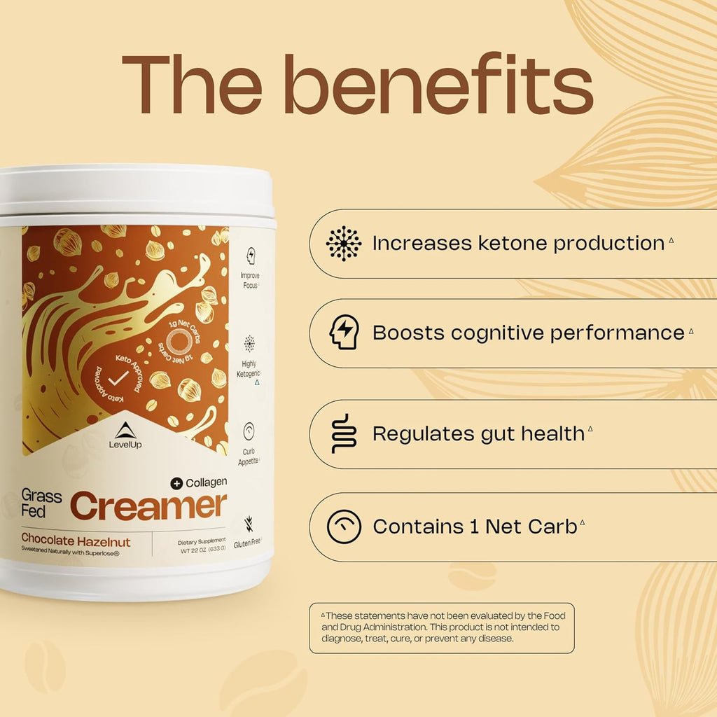 LevelUp Creamer, with Energizing MCT Oil and Collagen Peptides, Keto Coffee Creamer, Supports Natural Energy & Ketone Production - Chocolate Hazelnut, 22 oz