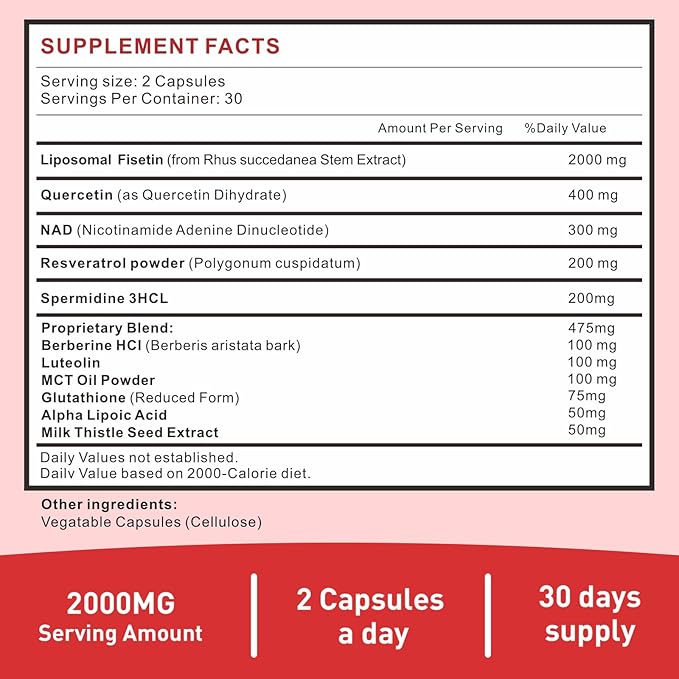 Fisetin Supplement 2000mg for Healthy Aging and Longevity, Skin Health, Brain - Soy Free, Vegetarian - 60 Softgels
