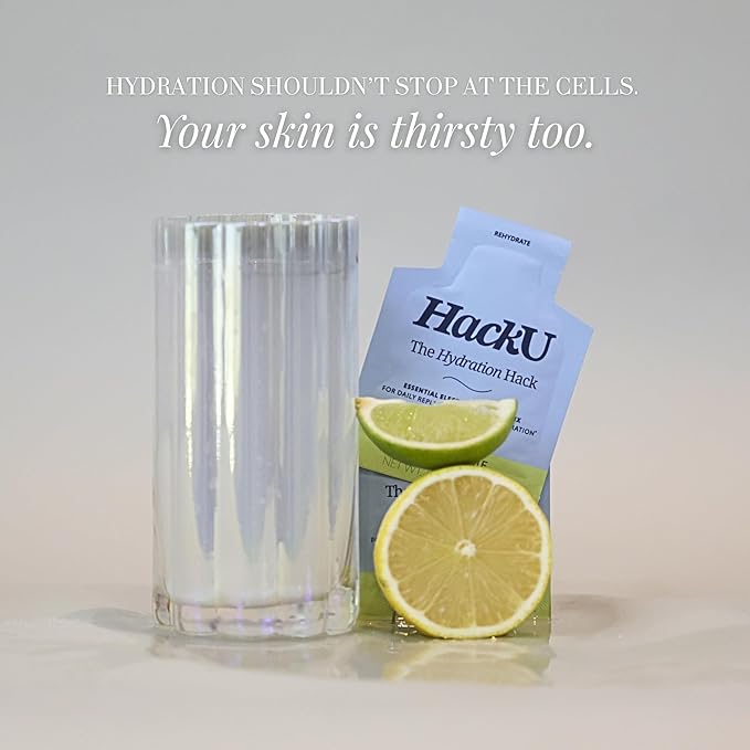 HackU Hydration Hack Electrolyte & Skin Hydration Packets – Sugar Free, Bloat-Free Drink Mix with Magnesium, Hyaluronic Acid & Ceramides for Daily Glow & Moisture Support