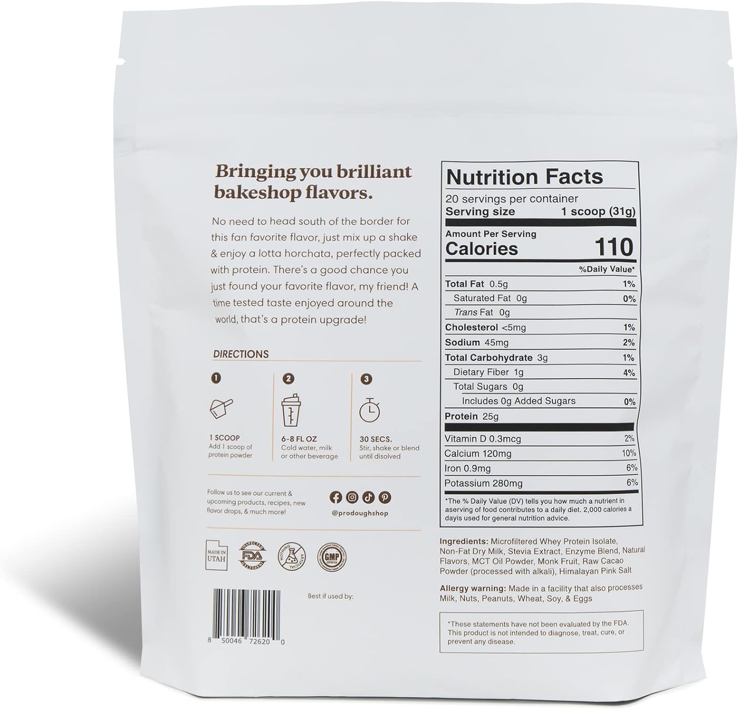ProDough Gourmet Whey Isolate Hydrolized Protein Powder for Shake Mix- Easy Digest Enzyme Blend, 25g Protein per Serving, Natural Ingredients, Gluten Free, Keto Friendly (Horchata)