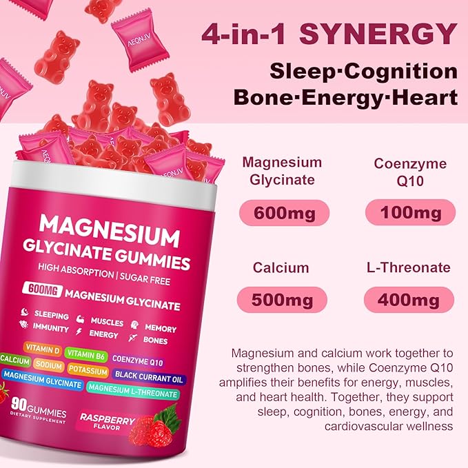 Magnesium Glycinate Gummies 600mg, High Absorption Magnesium Supplement, Sugar Free Chewables Gummies with L-Threonate, VitaminD & B6, CQ10 for Adults & Kids, Relax, Muscle & Zzz Support