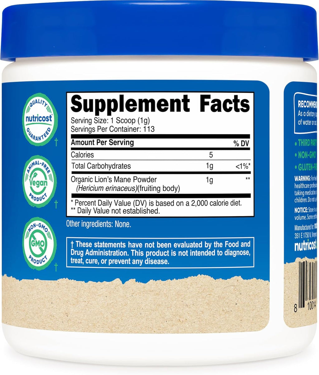Nutricost Organic Lion's Mane Mushroom Powder 4oz - Certified USDA Organic