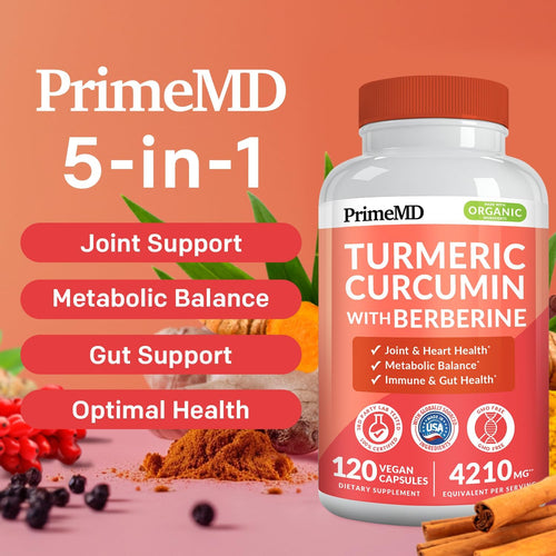 5-in-1 Organic Turmeric Curcumin Supplement (4210mg) with Berberine, Ceylon Cinnamon Bioperine and Ginger Supplements for Joint, Heart, Gut, & Metabolic Support (120 ct) (Pack of 2)