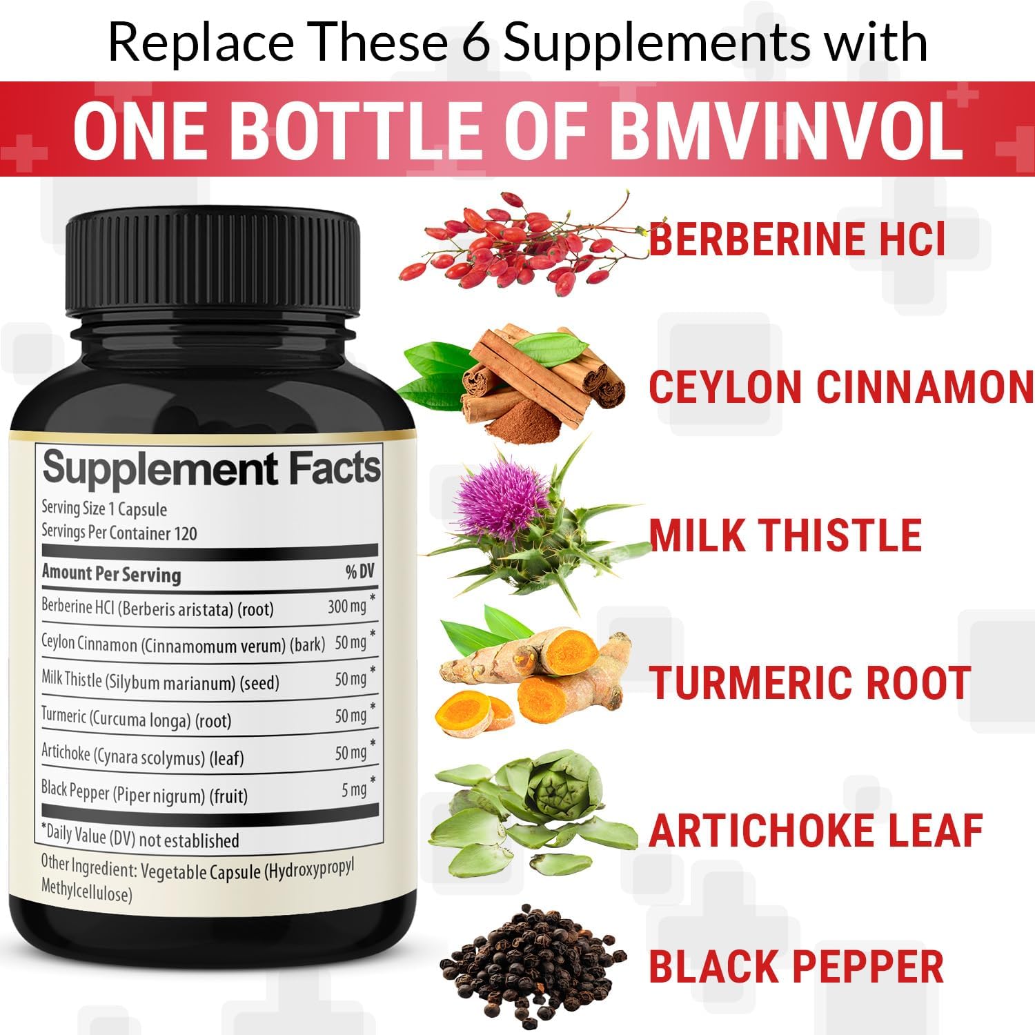 BMVINVOL 6in1 Berberine Supplement with Ceylon Cinnamon, Tumeric Root, Milk Thistle, Artichoke, Black Pepper -120 Capsules for 4 Month Supply