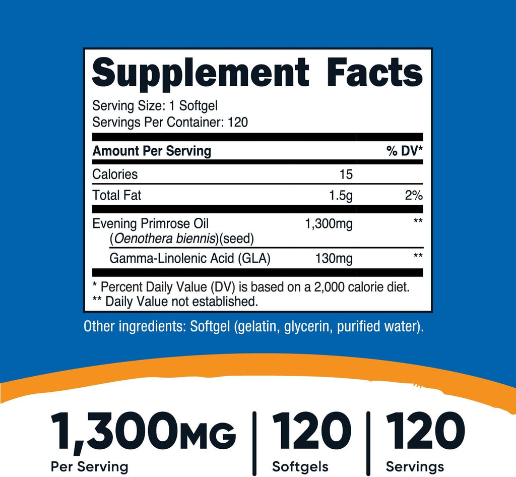 Nutricost Evening Primrose Oil 1,300mg, 120 Softgels - Cold Pressed, Non-GMO, Gluten Free, 120 Servings