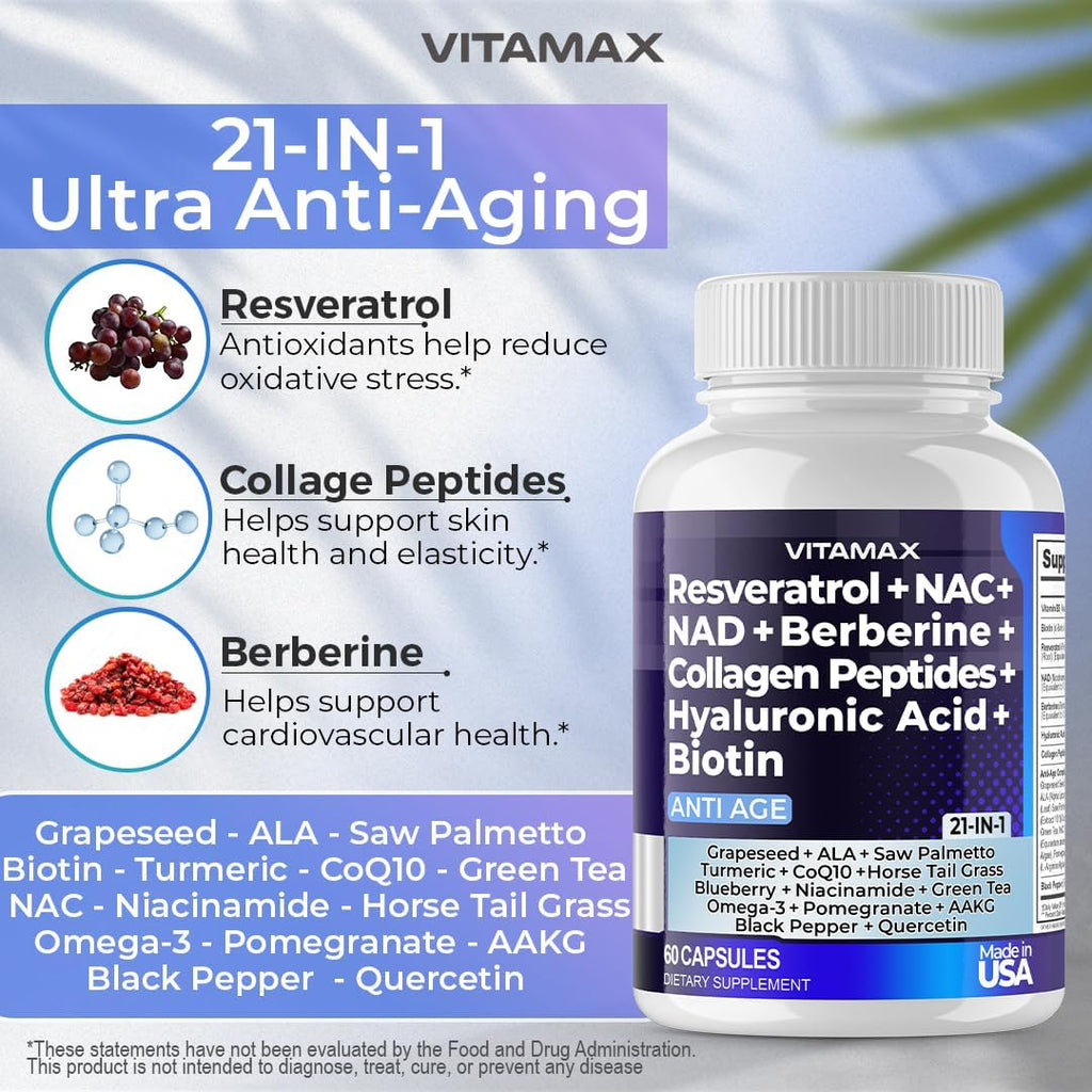 Resveratrol NAD+ Berberine Hyaluronic Acid - Biotin Grape & Blueberry + NAC - Collagen Peptides - Hair, Nail, Skin & Joint Supplement - 21-in-1 Women and Men - Made in USA - 120 Count